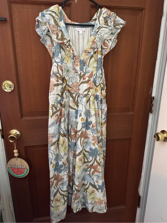 LC Lauren Conrad Dresses & Skirts - Lauren Conrad: Floral Ruffle V-Neck Women’s Maxi Dress - Blue/Green/Tan